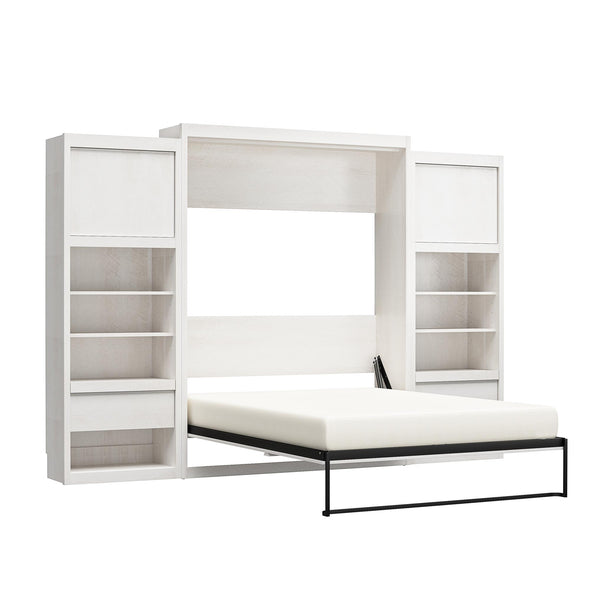 Paramount Queen Wall Bed Bundle, 2 Bedside Bookcase Cabinets & Slide-Out Nightstands - Ivory Oak