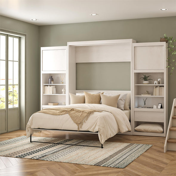 Paramount Queen Wall Bed Bundle, 2 Bedside Bookcase Cabinets & Slide-Out Nightstands - Ivory Oak