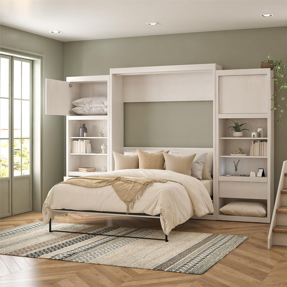 Paramount Queen Wall Bed Bundle, 2 Bedside Bookcase Cabinets & Slide-Out Nightstands - Ivory Oak