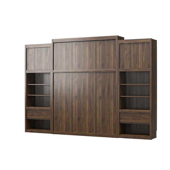 Paramount Queen Wall Bed Bundle, 2 Bedside Bookcase Cabinets & Slide-Out Nightstands - Columbia Walnut