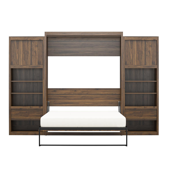 Paramount Queen Wall Bed Bundle, 2 Bedside Bookcase Cabinets & Slide-Out Nightstands - Columbia Walnut