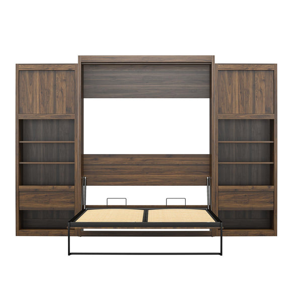 Paramount Queen Wall Bed Bundle, 2 Bedside Bookcase Cabinets & Slide-Out Nightstands - Columbia Walnut