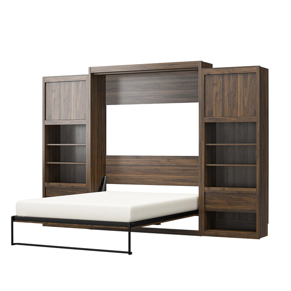 Paramount Queen Wall Bed Bundle, 2 Bedside Bookcase Cabinets & Slide-Out Nightstands - Columbia Walnut