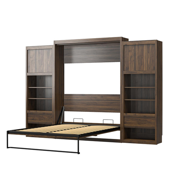 Paramount Queen Wall Bed Bundle, 2 Bedside Bookcase Cabinets & Slide-Out Nightstands - Columbia Walnut