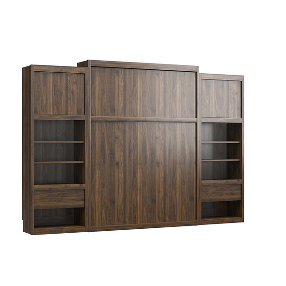 Paramount Queen Wall Bed Bundle, 2 Bedside Bookcase Cabinets & Slide-Out Nightstands - Columbia Walnut