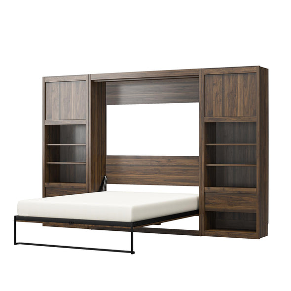 Paramount Full Wall Bed Bundle with 2 Bedside Bookcase Cabinets & Slide-Out Nightstands - Columbia Walnut