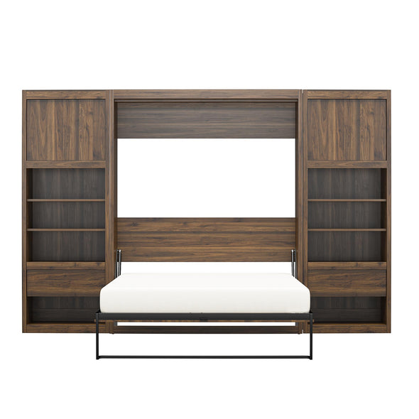 Paramount Full Wall Bed Bundle with 2 Bedside Bookcase Cabinets & Slide-Out Nightstands - Columbia Walnut