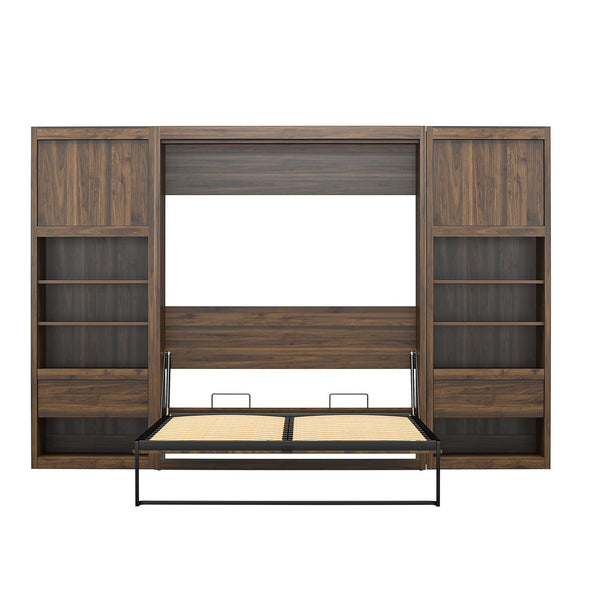 Paramount Full Wall Bed Bundle with 2 Bedside Bookcase Cabinets & Slide-Out Nightstands - Columbia Walnut