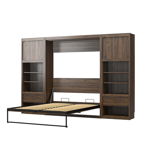 Paramount Full Wall Bed Bundle with 2 Bedside Bookcase Cabinets & Slide-Out Nightstands - Columbia Walnut