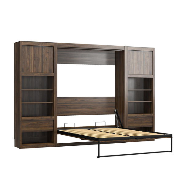 Paramount Full Wall Bed Bundle with 2 Bedside Bookcase Cabinets & Slide-Out Nightstands - Columbia Walnut