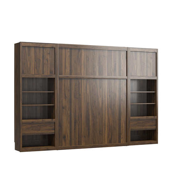 Paramount Full Wall Bed Bundle with 2 Bedside Bookcase Cabinets & Slide-Out Nightstands - Columbia Walnut