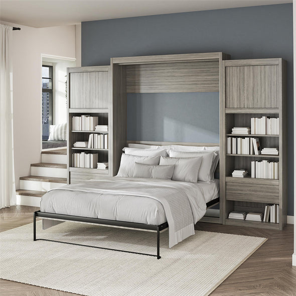 Paramount Queen Wall Bed Bundle, 2 Bedside Bookcase Cabinets & Slide-Out Nightstands - Gray Oak