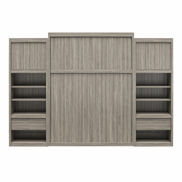 Paramount Queen Wall Bed Bundle, 2 Bedside Bookcase Cabinets & Slide-Out Nightstands - Gray Oak