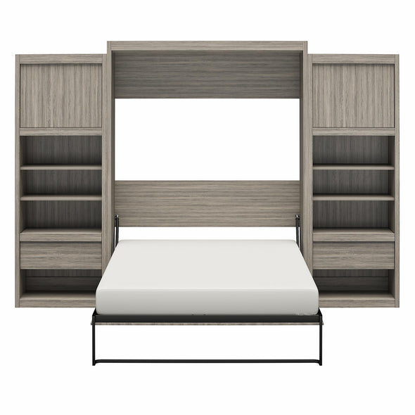 Paramount Queen Wall Bed Bundle, 2 Bedside Bookcase Cabinets & Slide-Out Nightstands - Gray Oak