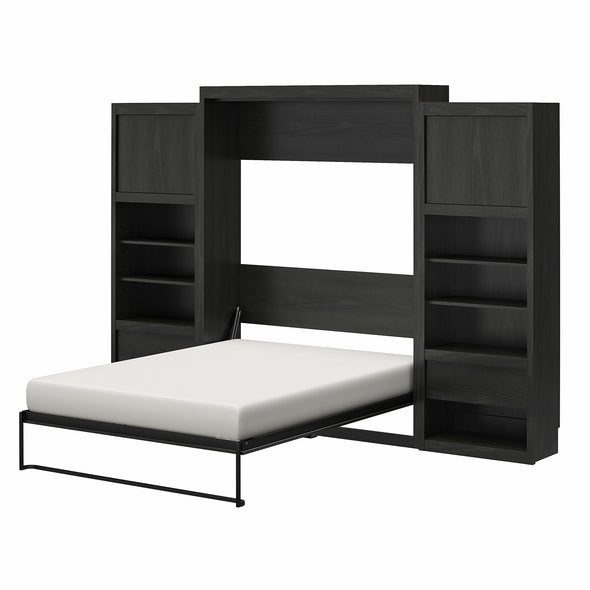 Paramount Queen Wall Bed Bundle, 2 Bedside Bookcase Cabinets & Slide-Out Nightstands - Black Oak