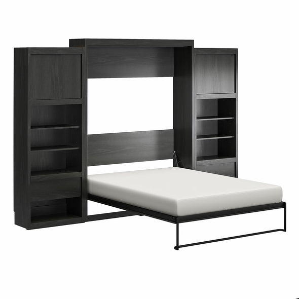 Paramount Queen Wall Bed Bundle, 2 Bedside Bookcase Cabinets & Slide-Out Nightstands - Black Oak