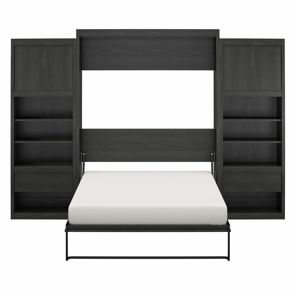 Paramount Queen Wall Bed Bundle, 2 Bedside Bookcase Cabinets & Slide-Out Nightstands - Black Oak