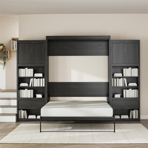 Paramount Queen Wall Bed Bundle, 2 Bedside Bookcase Cabinets & Slide-Out Nightstands - Black Oak