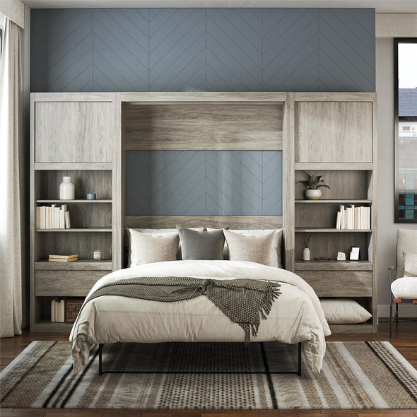 Paramount Full Wall Bed Bundle with 2 Bedside Bookcase Cabinets & Slide-Out Nightstands - Gray Oak