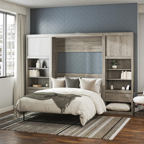 Paramount Full Wall Bed Bundle with 2 Bedside Bookcase Cabinets & Slide-Out Nightstands - Gray Oak