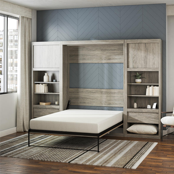 Paramount Full Wall Bed Bundle with 2 Bedside Bookcase Cabinets & Slide-Out Nightstands - Gray Oak