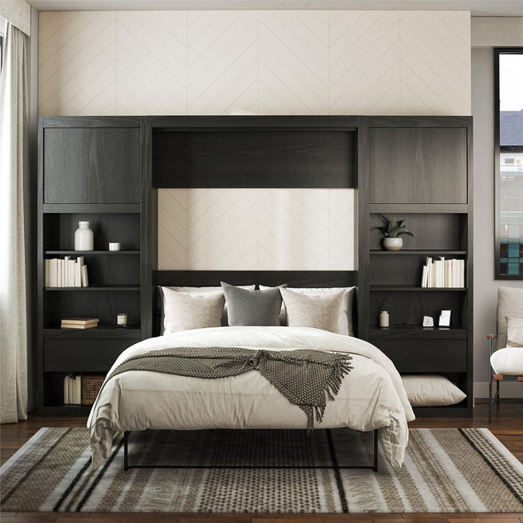 Paramount Full Wall Bed Bundle with 2 Bedside Bookcase Cabinets & Slide-Out Nightstands - Black Oak