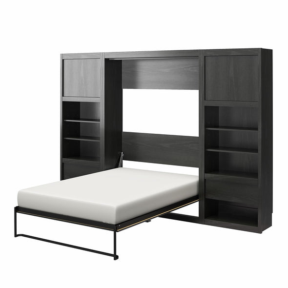 Paramount Full Wall Bed Bundle with 2 Bedside Bookcase Cabinets & Slide-Out Nightstands - Black Oak