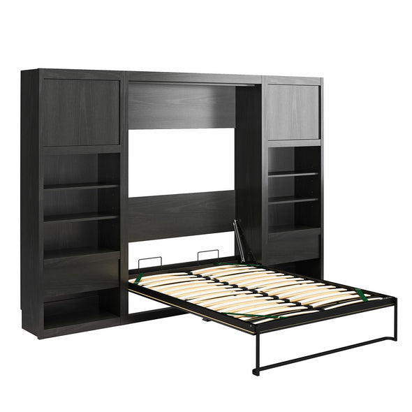 Paramount Full Wall Bed Bundle with 2 Bedside Bookcase Cabinets & Slide-Out Nightstands - Black Oak