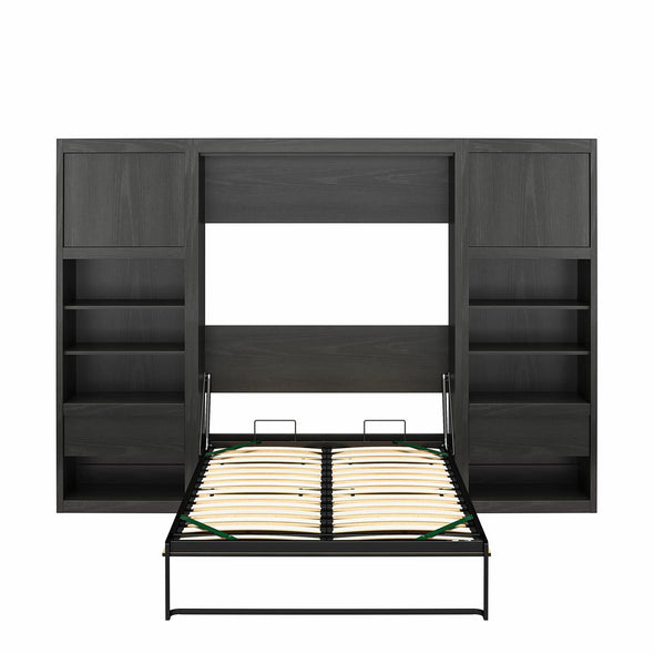 Paramount Full Wall Bed Bundle with 2 Bedside Bookcase Cabinets & Slide-Out Nightstands - Black Oak