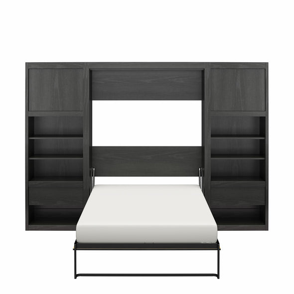 Paramount Full Wall Bed Bundle with 2 Bedside Bookcase Cabinets & Slide-Out Nightstands - Black Oak