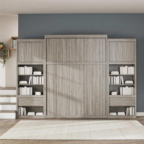 Paramount Single Bedside Bookcase with Pullout Nightstand and Storage - Gray Oak