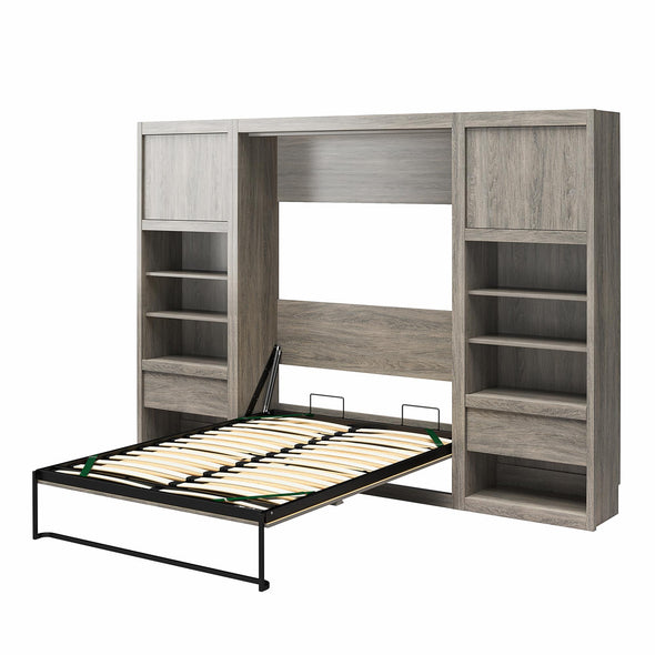 Paramount Full Wall Bed Bundle with 2 Bedside Bookcase Cabinets & Slide-Out Nightstands - Gray Oak