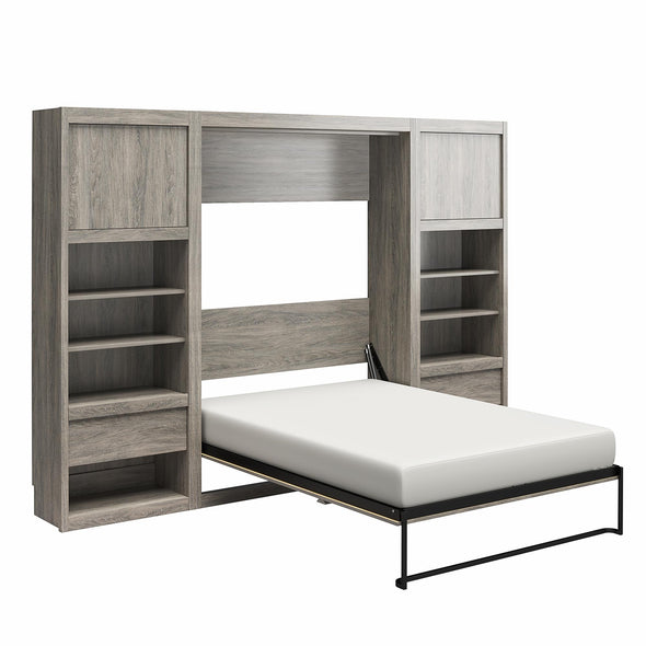 Paramount Full Wall Bed Bundle with 2 Bedside Bookcase Cabinets & Slide-Out Nightstands - Gray Oak