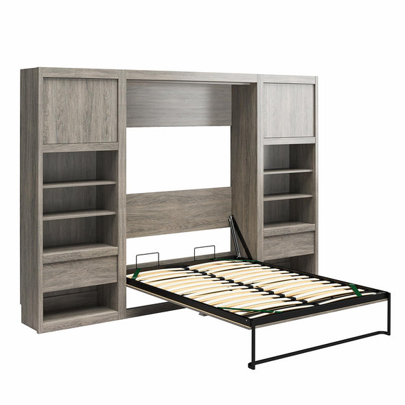 Paramount Full Wall Bed Bundle with 2 Bedside Bookcase Cabinets & Slide-Out Nightstands - Gray Oak