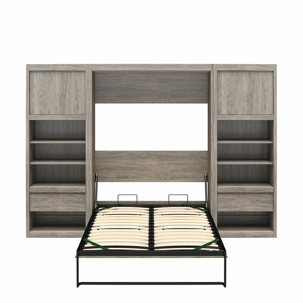 Paramount Full Wall Bed Bundle with 2 Bedside Bookcase Cabinets & Slide-Out Nightstands - Gray Oak