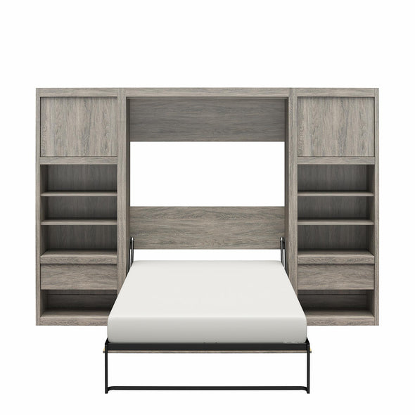 Paramount Full Wall Bed Bundle with 2 Bedside Bookcase Cabinets & Slide-Out Nightstands - Gray Oak