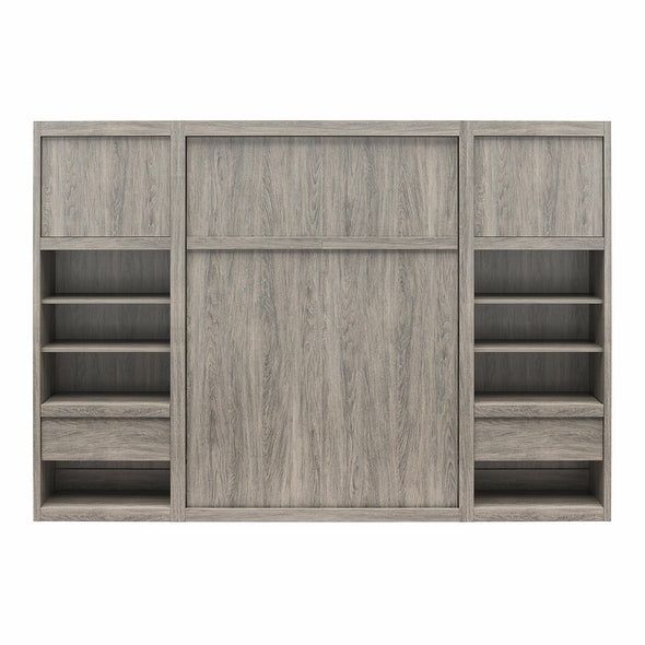 Paramount Full Wall Bed Bundle with 2 Bedside Bookcase Cabinets & Slide-Out Nightstands - Gray Oak