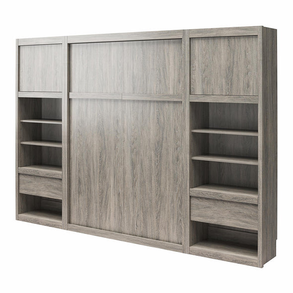 Paramount Full Wall Bed Bundle with 2 Bedside Bookcase Cabinets & Slide-Out Nightstands - Gray Oak