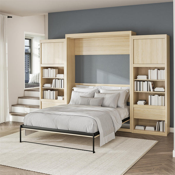 Paramount Queen Wall Bed Bundle, 2 Bedside Bookcase Cabinets & Slide-Out Nightstands - Monterey Oak