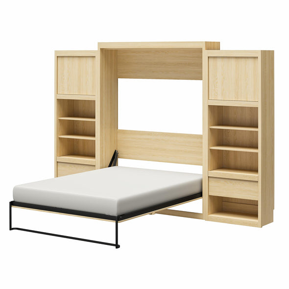 Paramount Queen Wall Bed Bundle, 2 Bedside Bookcase Cabinets & Slide-Out Nightstands - Monterey Oak