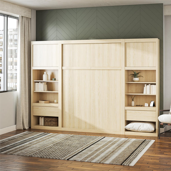 Paramount Full Wall Bed Bundle with 2 Bedside Bookcase Cabinets & Slide-Out Nightstands - Monterey Oak