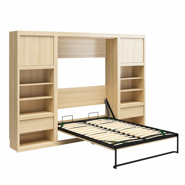 Paramount Full Wall Bed Bundle with 2 Bedside Bookcase Cabinets & Slide-Out Nightstands - Monterey Oak