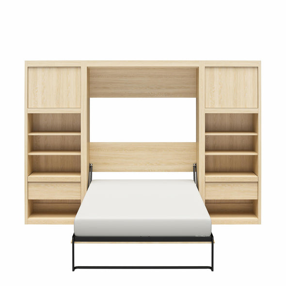 Paramount Full Wall Bed Bundle with 2 Bedside Bookcase Cabinets & Slide-Out Nightstands - Monterey Oak