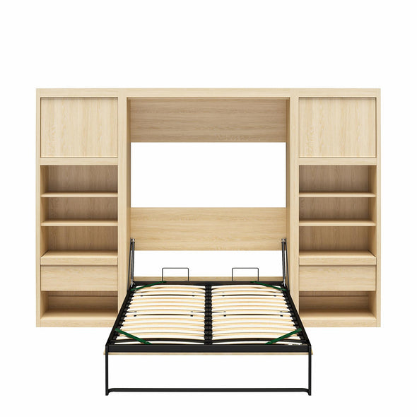 Paramount Full Wall Bed Bundle with 2 Bedside Bookcase Cabinets & Slide-Out Nightstands - Monterey Oak