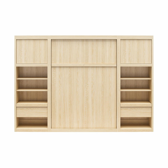 Paramount Full Wall Bed Bundle with 2 Bedside Bookcase Cabinets & Slide-Out Nightstands - Monterey Oak