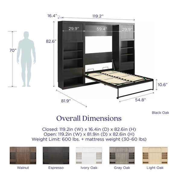 Paramount Full Wall Bed Bundle with 2 Bedside Bookcase Cabinets & Slide-Out Nightstands - Black Oak