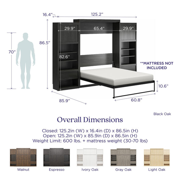 Paramount Queen Wall Bed Bundle, 2 Bedside Bookcase Cabinets & Slide-Out Nightstands - Columbia Walnut