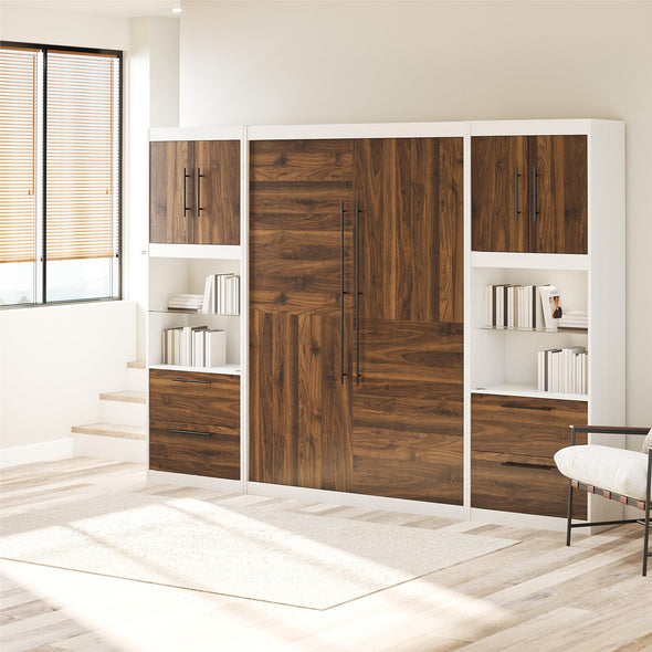 Pinnacle Full Wall Bed Bundle with 2 Side Cabinets & Touch Sensor LED Lighting - Columbia Walnut