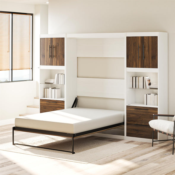 Pinnacle Full Wall Bed Bundle with 2 Side Cabinets & Touch Sensor LED Lighting - Columbia Walnut