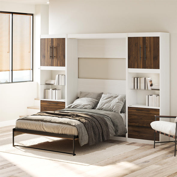 Pinnacle Full Wall Bed Bundle with 2 Side Cabinets & Touch Sensor LED Lighting - Columbia Walnut